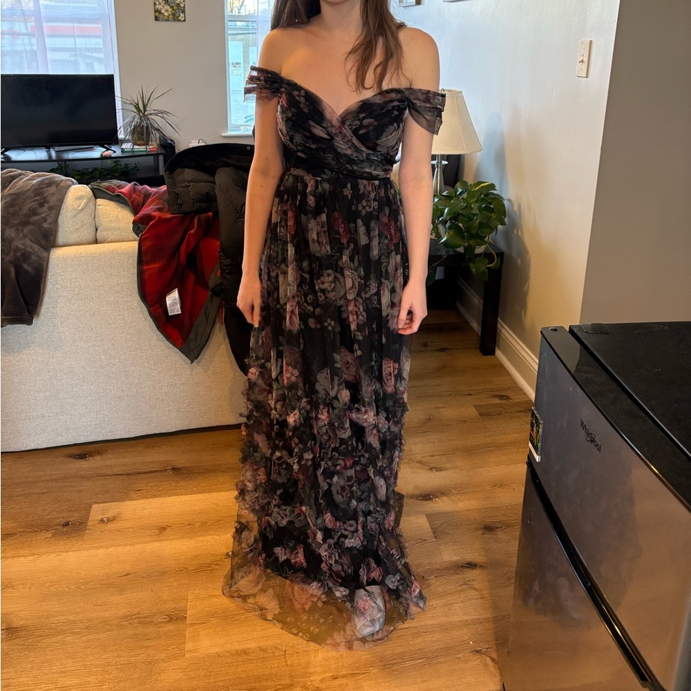 Lulu's Black and Pink V-Neck Flutter Sleeve Maxi Dress
